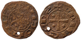 CRUSADERS. Principality of Antioch. Raymond of Poitiers, 1136-1149. Fractional Denier (bronze, 0.86 g, 18 mm). +PRINCEPS Cross pattée with pellet in e...
