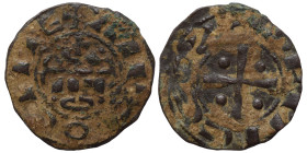 CRUSADERS. Principality of Antioch. Raymond of Poitiers, 1136-1149. Fractional Denier (bronze, 0.92 g, 17 mm). +PRINCEPS Cross pattée with pellet in e...