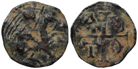 CRUSADERS, Antioch. Anonymous. Time of Levon I of Armenia, 1198-1219. Ae (bronze, 0.88 g, 18 mm). Crusader right on horseback, holding pennon. Rev. La...