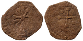 CRUSADERS. Uncertain, County of Tripoli?, circa 1250-1268. Ae Pougeoise (bronze, 0.86 g, 17 mm). Six-rayed star pommée; blundered Arabic legend in out...