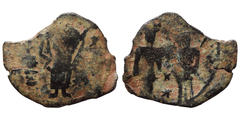 Uncertain. Ae (bronze, 0.90 g, 17 mm). Standing emperor? Rev. Two figures, illeg...