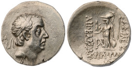 Kings of Cappadocia. Ariobarzanes I Philoromaeus. AR Drachm (weight), 96-66/3 BC. Eusebeia under Mount Argaeus, dated Year 30, 31 or 32. Diademed head...