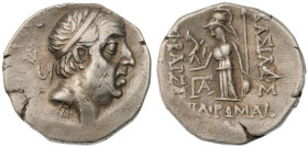 Kings of Cappadocia. Ariobarzanes I Philoromaios. AR Drachm (4 gr.), 96-63 BC. Mint A (Eusebeia-Mazaca). Uncertain date. Diademed head right / Athena ...
