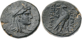 Seleukid Empire. Antiochos IV Epiphanes. Bronze Æ (19.1 gr.), 175-164 BC. Antioch, struck 169-168 BC. Head of Isis right, wearing tainia / Eagle stand...