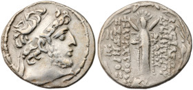 Seleukid Empire. Demetrios III Eukairos. AR Tetradrachm (15.5 gr.), 97/6-88/7 BC. Damaskos, struck SE 222 (91/0 BC). Diademed head right / Cult statue...