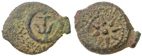Judaea. Hasmoneans. Alexander Jannaios (Yehonatan). Æ Prutah (1.2 gr.), 103-76 BC. Jerusalem mint. Dated RY 25 (80/79 BC). Anchor within circle / Star...