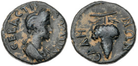 Lydia. Sala. Domitia. Bronze Æ (2.3 gr.), AD 82-96. ΔOMMITΛA CEBACTH, draped bust right / CAΛH-NΩN, grape bunch. RPC II, 1345; SNG Copenhagen 437.

...