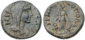 Caria. Trapezopolis. Time of the Severans. Bronze Æ (3 gr.), AD 193-217. IЄPA BOYΛH Veiled and draped bust of Boulé to right / ΤΡΑΠЄΖΟΠΟΛΙ Kybele stan...