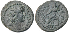 Phrygia, Kibyra. Æ 24 (6.9 gr.), 2nd Century AD. Pseudo-Autonomous Issue. Laureate head of Demos right; ΔΗΜΟϹ before / ΚΙΒVΡΑΤΩΝ, Serapis seated left,...