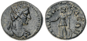 Phrygia. Synnada. Bronze Æ (4.4 gr.), 1st-2nd Century AD. Pseudo-Autonomous Issue. Turreted head of Tyche right / CYNNAΔEΩN, Athena standing left, wea...