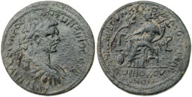 Cilicia. Anazarbus. Caracalla. Bronze Æ (26.9 gr.), AD 232 (213/4). Laureate, draped and cuirassed bust r. / Koinoboulion seated l. under tree, droppi...