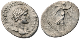 Cappadocia. Caesarea-Eusebia. Hadrian. AR Hemidrachm (1.3 gr.), AD 117-138. Undated. Bust with laurel wreath and light draping on left shoulder / Nike...