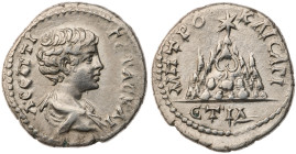 Cappadocia. Caesarea-Eusebia. Geta, as Caesar. AR Drachm (3.2 gr.), AD 198-209. Regnal year 14 = IΔ of Septimius Severus = 206-207). Bareheaded, drape...