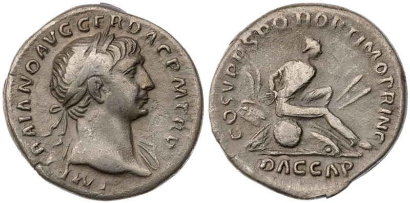 Trajan. AR Denarius (3.3 gr.), AD 98-117. “Dacia Capta” Commemorative. Rome, str...