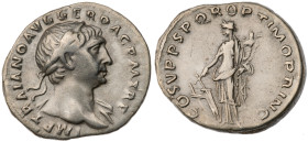 Trajan. AR Denarius (3.1 gr.), AD 98-117. Rome. Struck circa AD 108-109. Laureate bust right, slight drapery / Felicitas standing left, holding caduce...