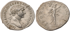 Trajan. AR Denarius (3.1 gr.), AD 98-117. Rome, struck circa AD 113-114. Laureate and draped bust right / Mars advancing right, wearing parazonium on ...