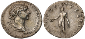 Trajan. AR Denarius (3.2 gr.), AD 98-117. Rome, struck AD 114-116. Laureate and draped bust right / Bonus Eventus (or Genius) standing left, holding p...