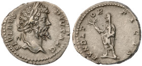 Septimius Severus. AR Denarius (3.2 gr.), AD 193-211. Rome, struck AD 201. Laureate head right / Septimius Severus, veiled and togate, standing left h...