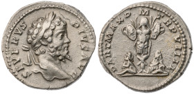 Septimius Severus. AR Denarius, AD 193-211. Rome, struck AD 202. Laureate head right / Trophy of arms; captive seated to left and right, hands in fron...
