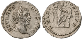 Septimius Severus. AR Denarius (3.8 gr.), AD 193-211. Rome, struck AD 207. Laureate head right / Victory standing right, her foot on helmet, inscribin...