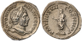 Caracalla. AR Denarius (3.4 gr.), AD 196-198. Rome. ANTONINVS PIVS AVG GERM, bust right / PM TR P XVII COS IIII PP, Genius of the Senate standing left...