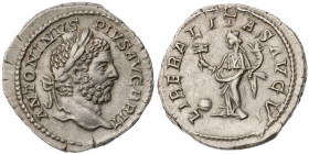 Caracalla. AR Denarius, AD 211. Rome. Laureate head right / Liberalitas standing left, holding abacus and cornucopia. RIC IV 216; RSC 129.

Attracti...