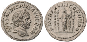 Caracalla. AR Denarius (2.9 gr.), AD 198-217. Uncertain Syrian (?), struck circa AD 215. ANTONINVS PIVS AVG GERM, laureate head right / P M TR P XVIII...