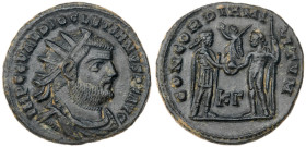 Diocletian. Æ Follis (3.1 gr.), AD 284-305. Cyzicus. Radiate, draped, and cuirassed bust right / Emperor standing right, holding scepter and receiving...