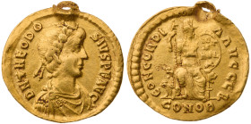 Theodosius I. AV Solidus (4.4 gr.), AD 379-395. Decennalia. Constantinople, 2nd officina, struck AD 388-392. Rosette-diademed, draped, and cuirassed b...
