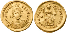 Honorius. AV Solidus (4.4 gr.), AD 393-423. Constantinople, 1st officina, struck AD 403-408. Pearl-diademed, helmeted, and cuirassed bust facing sligh...