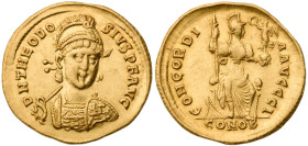 Theodosius II. AV Solidus (4.5 gr.), AD 402-450. Constantinople, 10th officina, struck AD 408-420. Pearl-diademed, helmeted, and cuirassed bust facing...