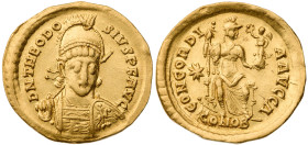 Theodosius II. AV Solidus (4.3 gr.), AD 402-450. Constantinople, 1st officina, struck AD 408-430. Pearl-diademed, helmeted, and cuirassed bust facing ...