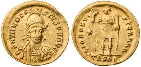 Theodosius II. AV Solidus (4.3 gr.), AD 402-450. Thessalonica, struck AD 425-430. Pearl-diademed, helmeted, and cuirassed bust facing slightly right, ...