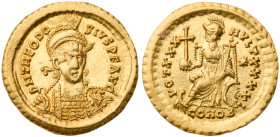 Theodosius II. AV Solidus (4.5 gr.), AD 402-450. Tricennalia Issue. Constantinople, 10th officina, struck AD 430-440. Pearl-diademed, helmeted, and cu...