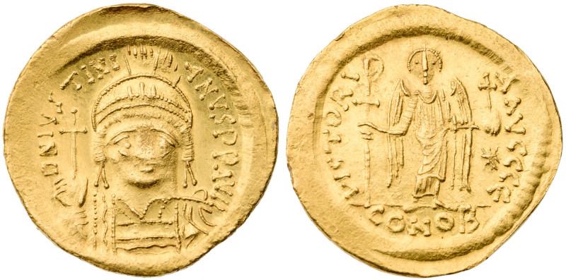 Justinian I. AV Solidus (4.3 gr.), 527-565. Constantinople, 5th officina, struck...