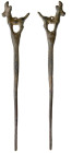 Roman Pin with Stag Finial. Bronze Æ (weight), 1st - 2nd Century AD. A bronze hairpin or dress pin with tapering shank, finial of a stag perching on a...