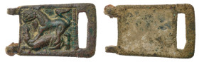 Byzantine Belt Plate with Lion and Bull. Bronze Æ (28 gr.), 9th Century AD. A belt buckle with rectangular body and integral fastening loop, embossed ...