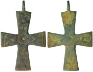 Byzantine Baby Cross Ring. Bronze Æ (1.35gr.), 9th Century AD. A baby ring with a cross pendant with scattered circular designs.

Very Fine.