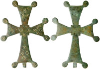 Byzantine Cross Pendant. Bronze Æ (28.8 gr), 9th Century AD. A large bronze cross pendant with scattered circular designs.

Very Fine.