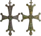 Byzantine Cross Pendant. Bronze Æ (48.4 gr.), 9th Century AD. A large bronze cross pendant with scattered circular designs; minature cross above.

V...
