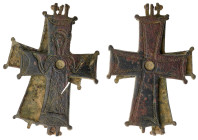 Byzantine Reliquary Cross Pendant. Bronze Æ (weight), 9th Century AD. A large bronze enkolpion reliquary cross pendant comprising two hinged plates an...