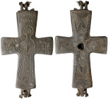 Byzantine Reliquary Cross Pendant. Bronze Æ (weight), 9th Century AD. A large bronze enkolpion reliquary cross pendant; obverse with robed nimbate fig...