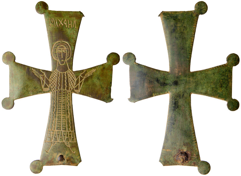 Byzantine Reliquary Cross Pendant. Bronze Æ (288.7 gr.), 9th Century AD. A large...