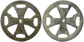 Byzantine Openwork Cross Pendant. Bronze Æ (36.1 gr.), 9th Century AD. A openwork disc with equal-armed cross to the centre decorated to both sides wi...