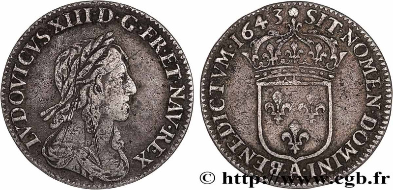 LOUIS XIII
Type : Douzième d'écu, 3e type, 2e poinçon de Warin 
Date : 1643 
Min...