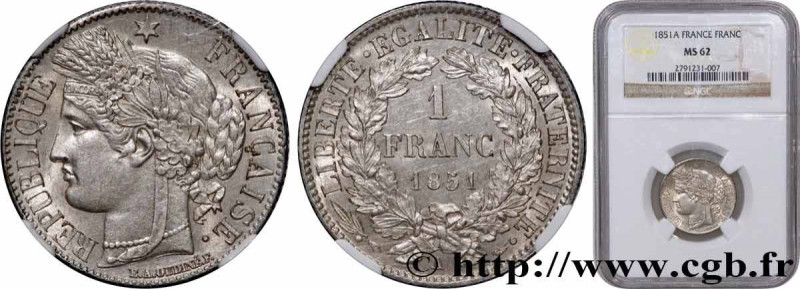 II REPUBLIC
Type : 1 franc Cérès, IIe République 
Date : 1851 
Mint name / Town ...