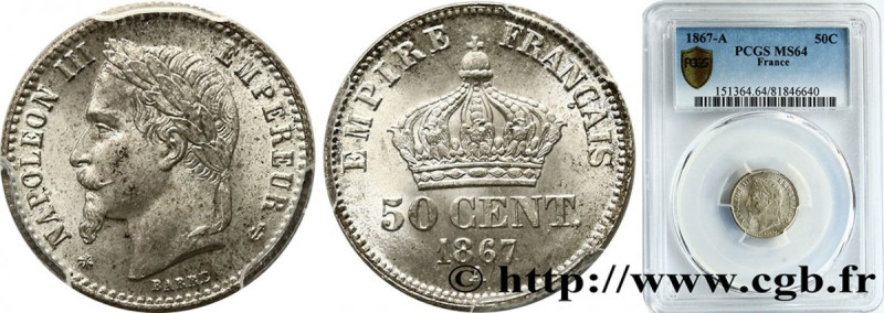 SECOND EMPIRE
Type : 50 centimes Napoléon III, tête laurée 
Date : 1867 
Mint na...