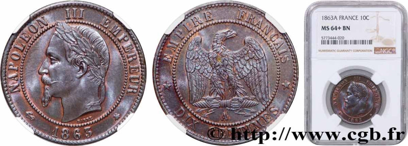 SECOND EMPIRE
Type : Dix centimes Napoléon III, tête laurée 
Date : 1863 
Mint n...