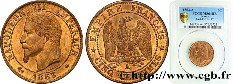 SECOND EMPIRE
Type : Cinq centimes Napoléon III, tête laurée 
Date : 1863 
Mint ...