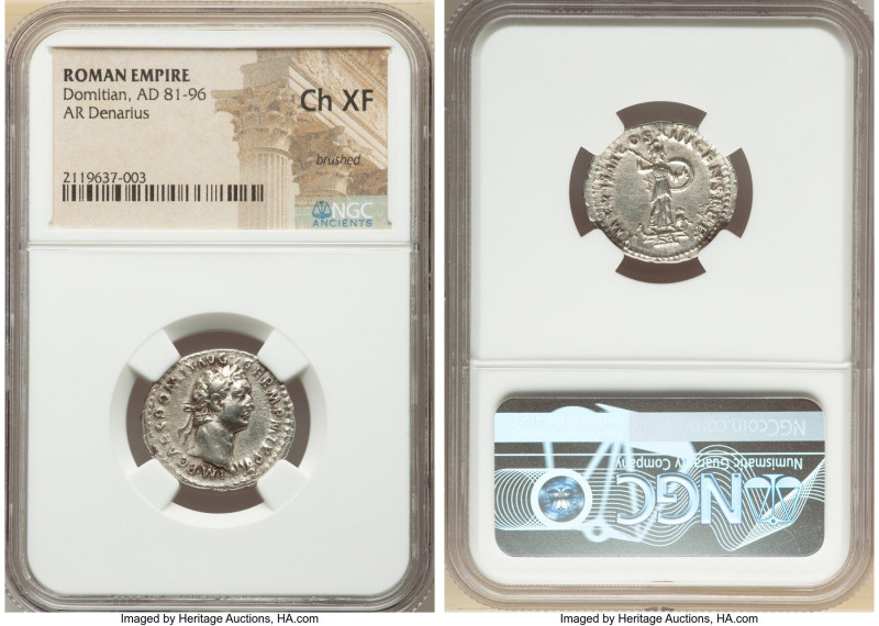 Domitian, as Augustus (AD 81-96). AR denarius (21mm, 6h). NGC Choice XF, brushed...